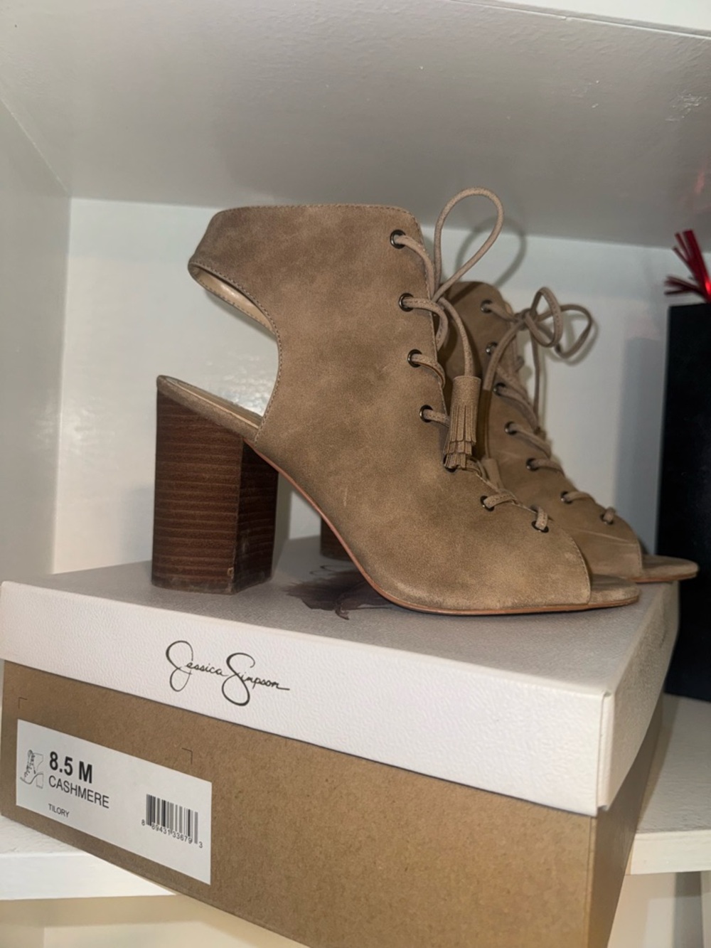 Jessica Simpson Cashmere Suede Lace-Up Open Toe Block Heel Tasseled Women's 8.5M